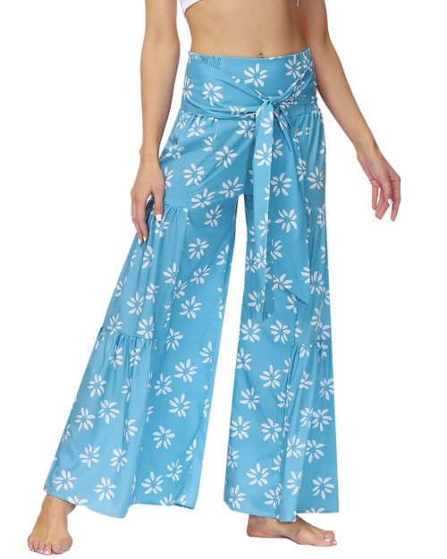 Women Wide Leg Palazzo Casual Pants Loose Summer Beach Boho Floral Printed Bohemian Belted Trousers