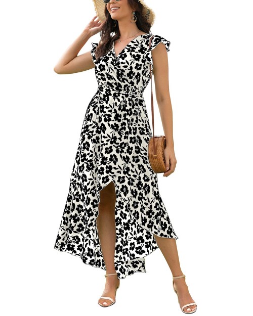 2023 Women's Summer Floral Print Cross V Neck Dress Bohemian Flowy Long Maxi Dresses