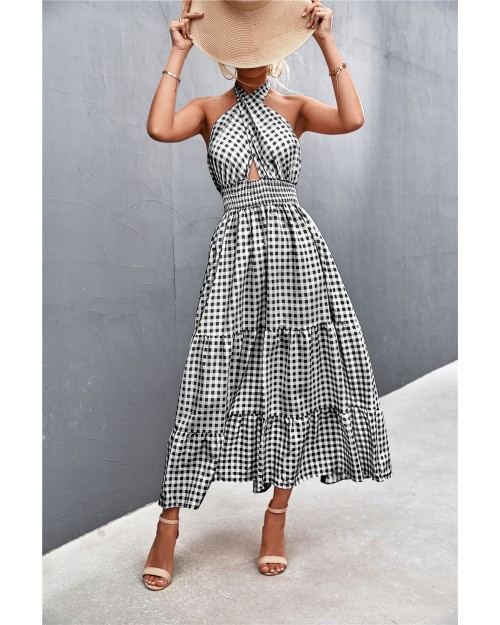 Ladies layer skirt backless print maxi dress