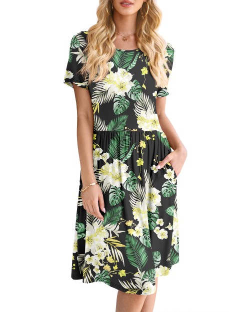 2023 pattern Womens Floral Plus Size Dress Short Sleeve A Line Casual Summer Dress