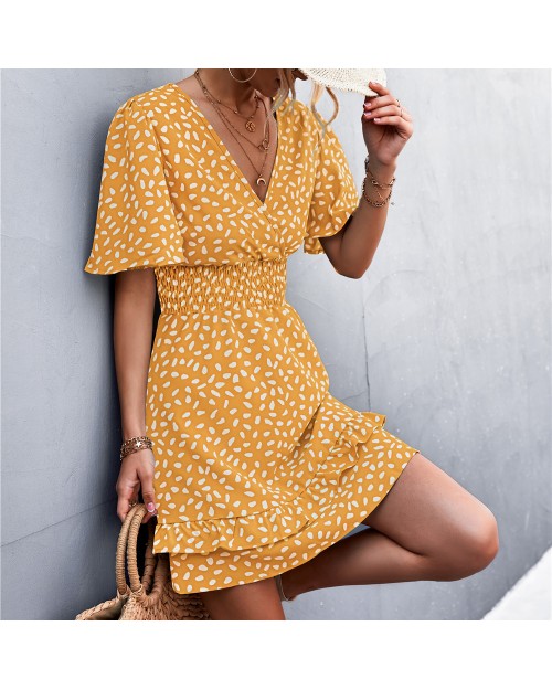 Spring summer 2023 hot sale sexy V-neck ruffled sleeve waist pulling print dress