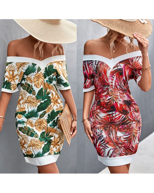 Women hot selling short sleeved V-neck patchwork printed dress