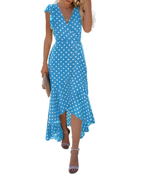 2023 OEM Women's Casual Summer Floral Print Dress V Neck Short Sleeve Long Maxi Beach Dresses