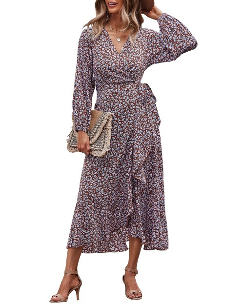 2023 New Arrivals Lady Stylish Cotton Long Puff Sleeve A-line Floral Maxi Casual Women Summer Dress