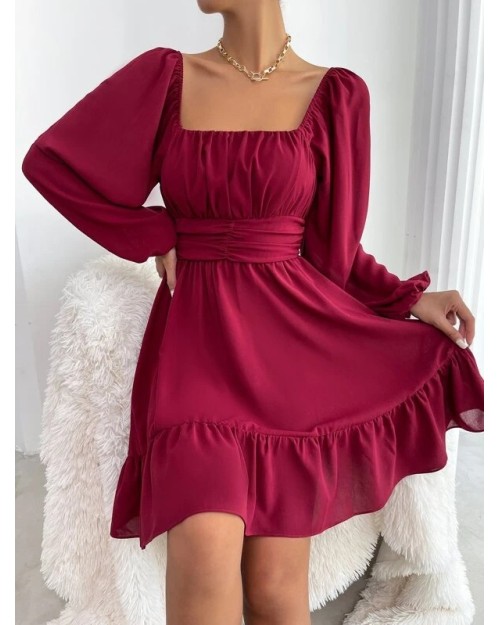 Spring 2023 new solid color square collar long sleeve short skirt fashion lady dress chiffon fabric flounces dress