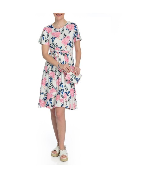 Stretch knit scoop neck short sleeve midi print jersey dress