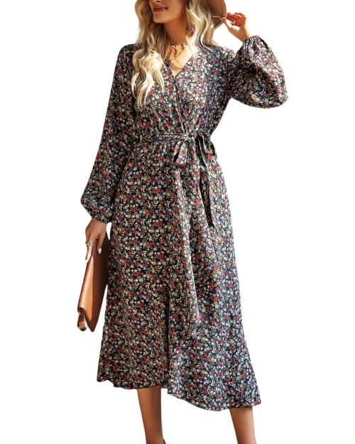 2023  Women's Boho Dress Short Sleeve V Neck Printing Floral Ruffle Tiered Maxi Dress