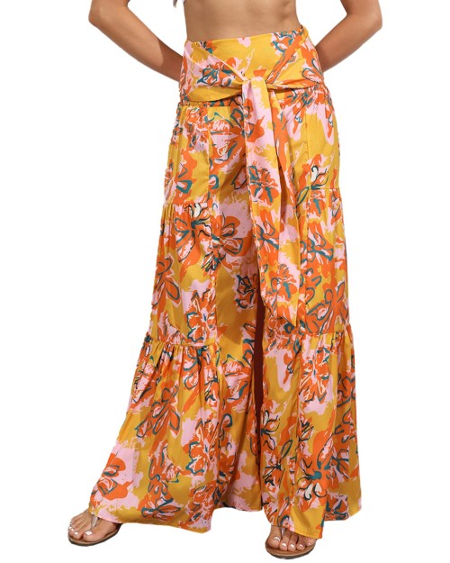 Women Wide Leg Palazzo Casual Pants Loose Summer Beach Boho Floral Printed Bohemian Belted Trousers