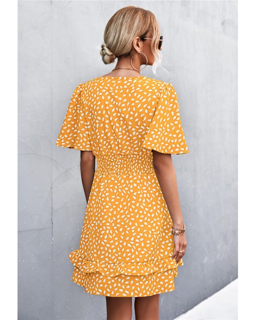 Spring summer 2023 hot sale sexy V-neck ruffled sleeve waist pulling print dress