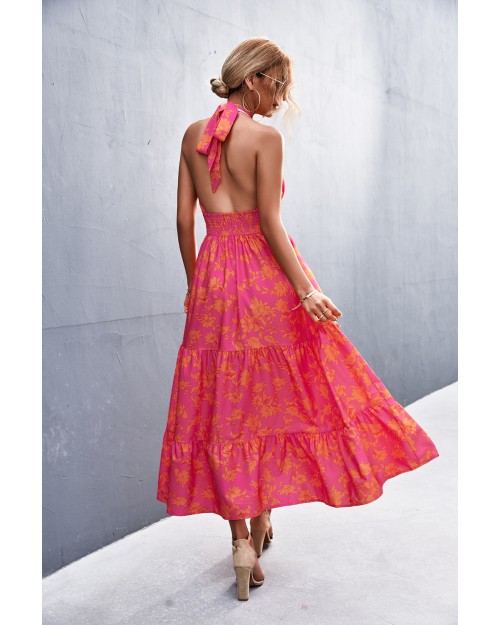 Ladies layer skirt backless print maxi dress