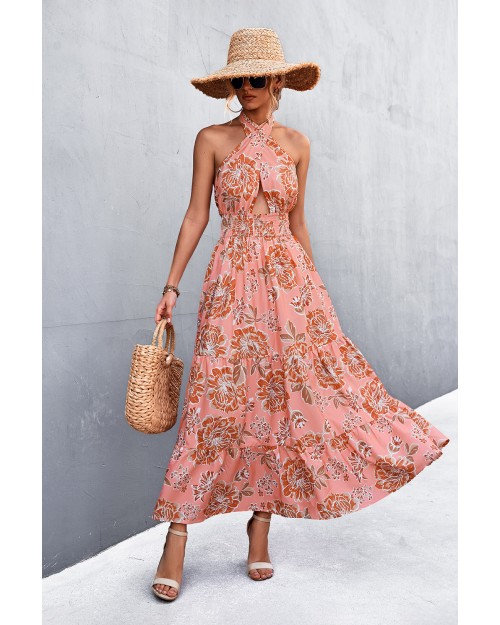 Ladies layer skirt backless print maxi dress