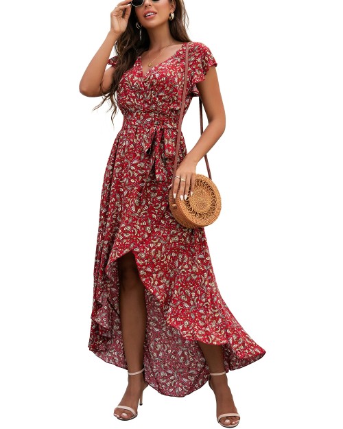 2023 OEM Women's Casual Summer Floral Print Dress V Neck Short Sleeve Long Maxi Beach Dresses