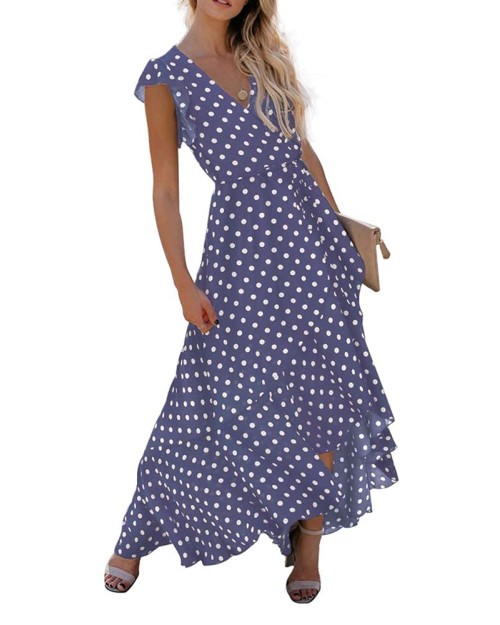 2023 Women's Summer Floral Print Cross V Neck Dress Bohemian Flowy Long Maxi Dresses