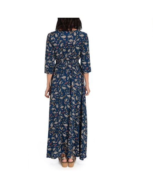 High quality printed elbow sleeve tassel tie waist V-neck maxi dress