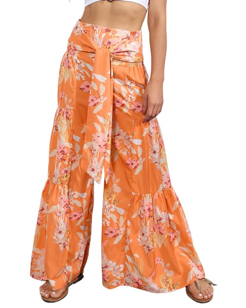 Women Wide Leg Palazzo Casual Pants Loose Summer Beach Boho Floral Printed Bohemian Belted Trousers