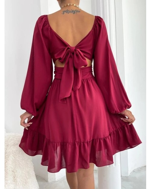 Spring 2023 new solid color square collar long sleeve short skirt fashion lady dress chiffon fabric flounces dress