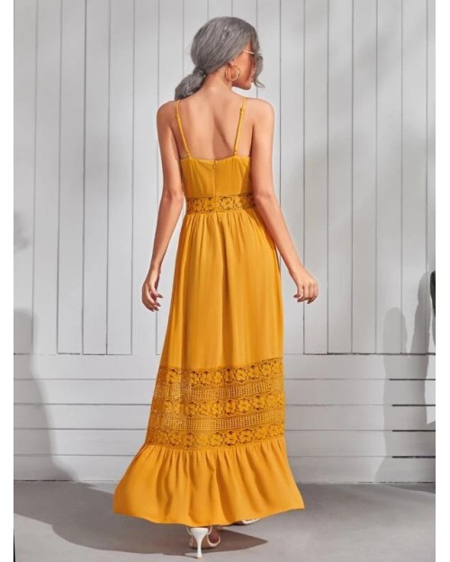 Summer 2023 New halter chiffon Lace maxi Dress High quality solid yellow chic and elegant dress