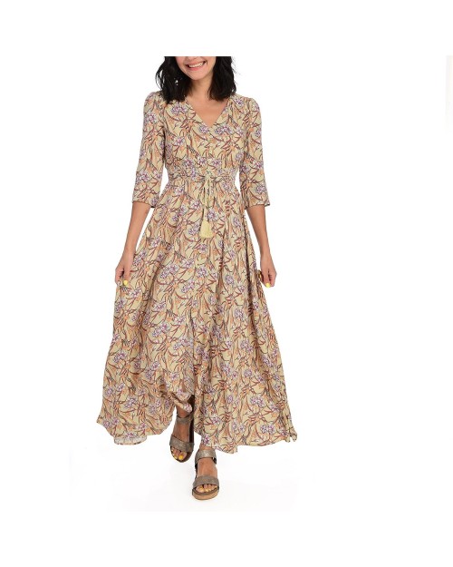 High quality printed elbow sleeve tassel tie waist V-neck maxi dress