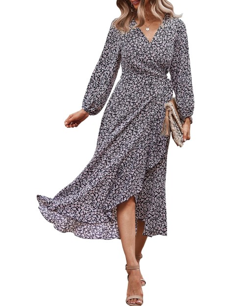 2023 New Arrivals Lady Stylish Cotton Long Puff Sleeve A-line Floral Maxi Casual Women Summer Dress