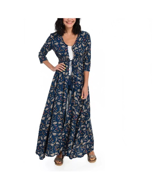 High quality printed elbow sleeve tassel tie waist V-neck maxi dress