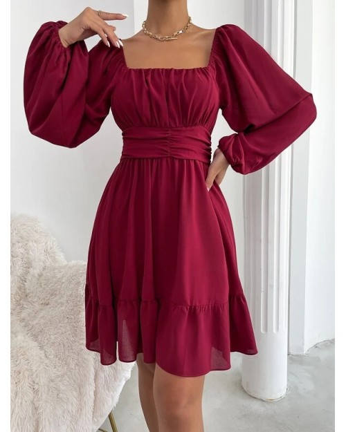 Spring 2023 new solid color square collar long sleeve short skirt fashion lady dress chiffon fabric flounces dress