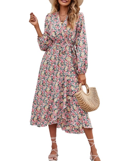 2023  Women's Boho Dress Short Sleeve V Neck Printing Floral Ruffle Tiered Maxi Dress