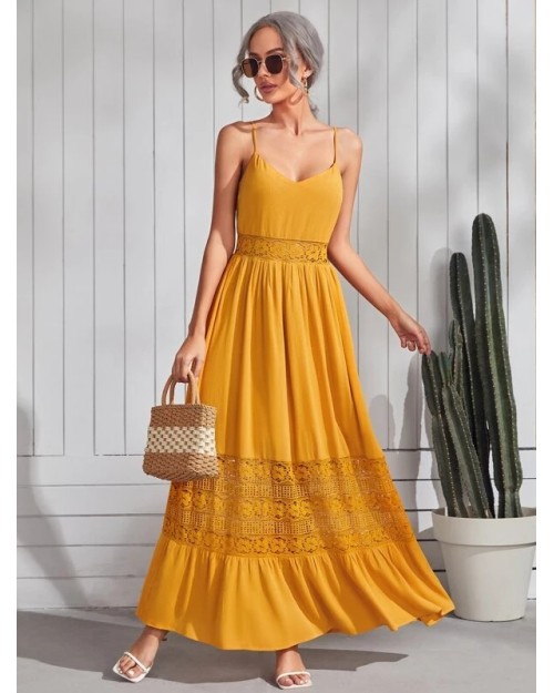 Summer 2023 New halter chiffon Lace maxi Dress High quality solid yellow chic and elegant dress