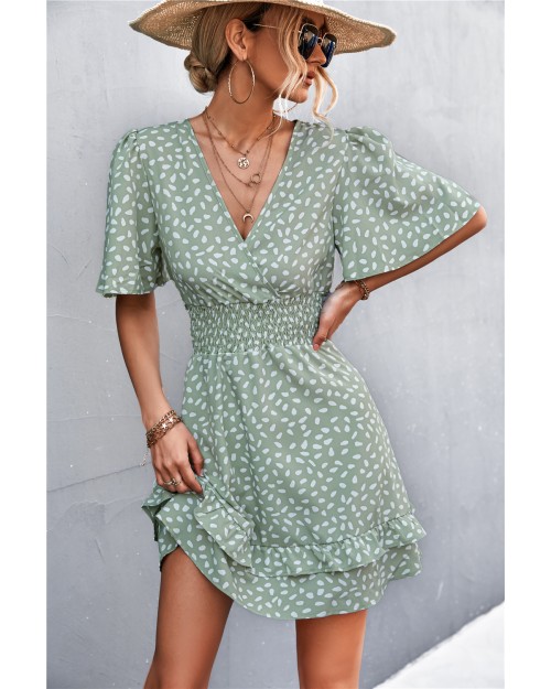 Spring summer 2023 hot sale sexy V-neck ruffled sleeve waist pulling print dress