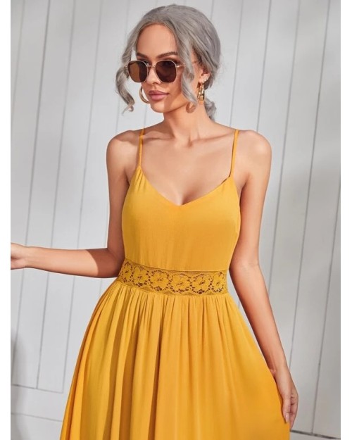 Summer 2023 New halter chiffon Lace maxi Dress High quality solid yellow chic and elegant dress