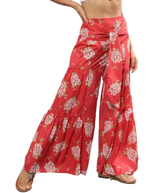 Women Wide Leg Palazzo Casual Pants Loose Summer Beach Boho Floral Printed Bohemian Belted Trousers