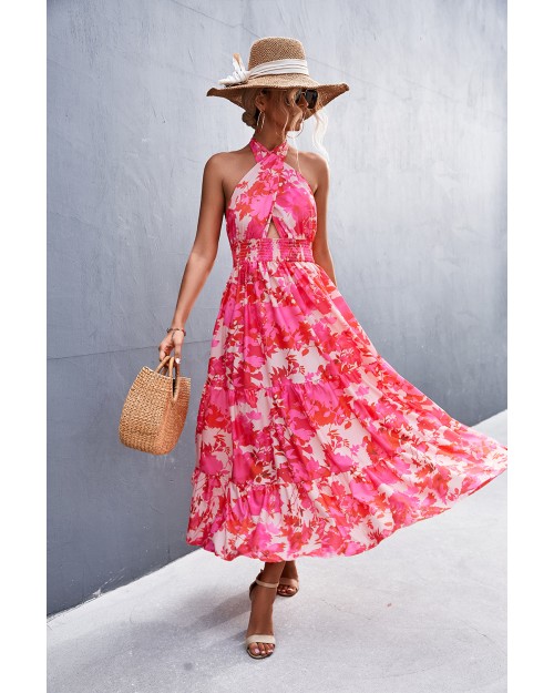 Ladies layer skirt backless print maxi dress