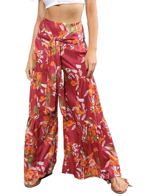 Women Wide Leg Palazzo Casual Pants Loose Summer Beach Boho Floral Printed Bohemian Belted Trousers