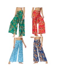 Women Wide Leg Palazzo Casual Pants Loose Summer Beach Boho Floral Printed Bohemian Belted Trousers