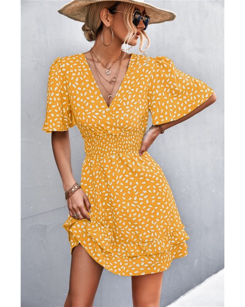 Spring summer 2023 hot sale sexy V-neck ruffled sleeve waist pulling print dress