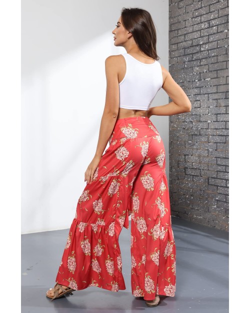 Women Wide Leg Palazzo Casual Pants Loose Summer Beach Boho Floral Printed Bohemian Belted Trousers