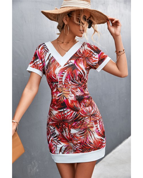 Women hot selling short sleeved V-neck patchwork printed dress