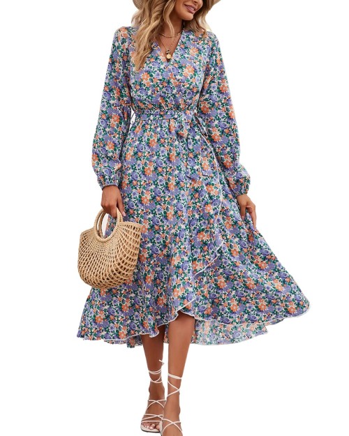 2023 New Arrivals Lady Stylish Cotton Long Puff Sleeve A-line Floral Maxi Casual Women Summer Dress