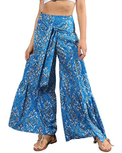 Women Wide Leg Palazzo Casual Pants Loose Summer Beach Boho Floral Printed Bohemian Belted Trousers