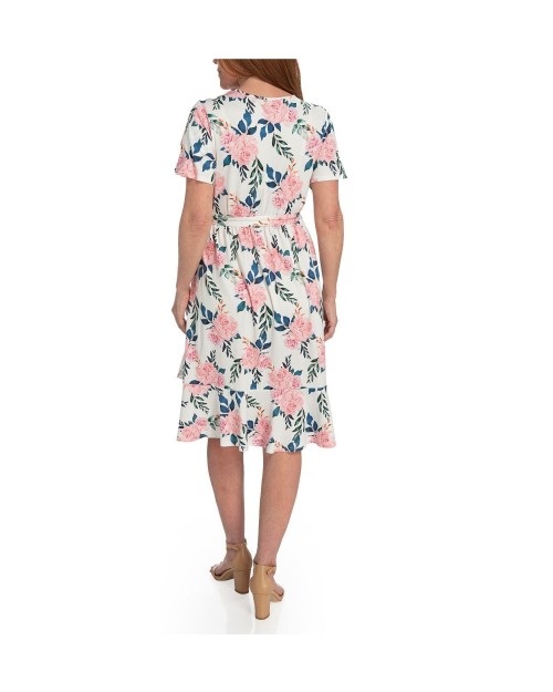 Stretch knit scoop neck short sleeve midi print jersey dress