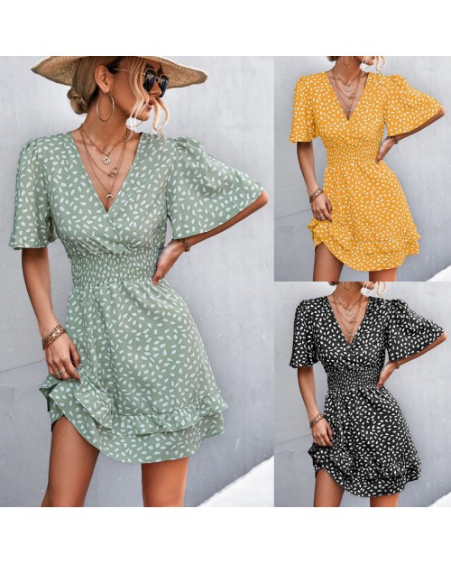 Spring summer 2023 hot sale sexy V-neck ruffled sleeve waist pulling print dress