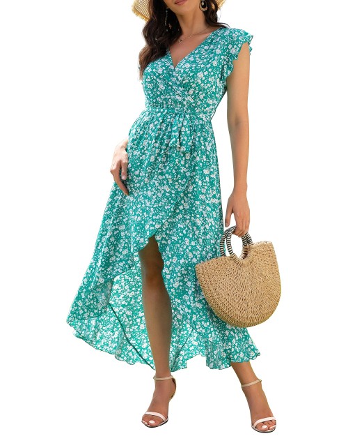 2023 Women's Summer Floral Print Cross V Neck Dress Bohemian Flowy Long Maxi Dresses