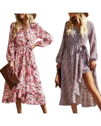 2023  Women's Boho Dress Short Sleeve V Neck Printing Floral Ruffle Tiered Maxi Dress