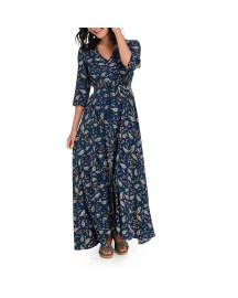 High quality printed elbow sleeve tassel tie waist V-neck maxi dress